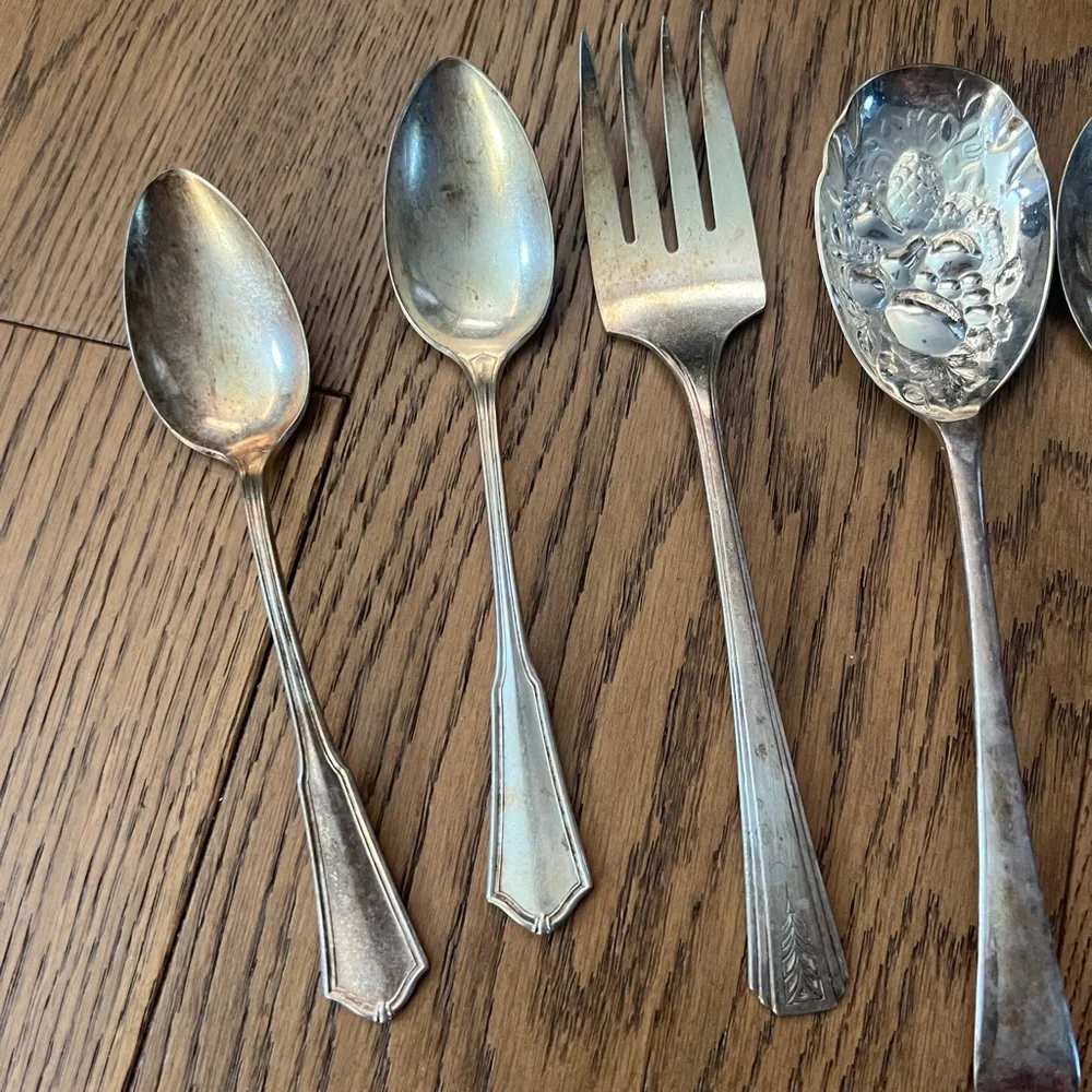 Vintage Silver plated serving fork and Spoons